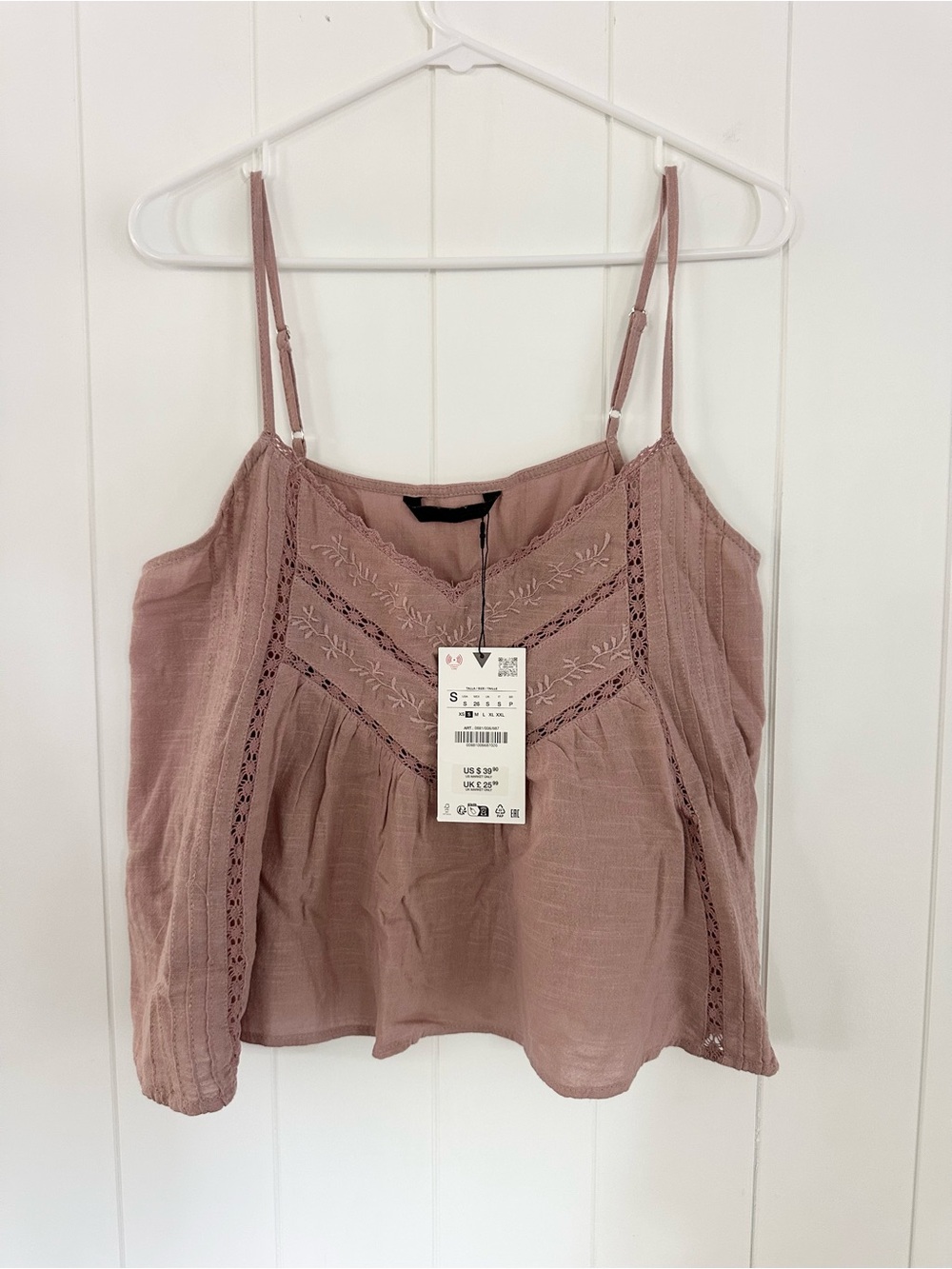 Zara Dusty Rose Embroidered Lace-Trim Camisole NWT